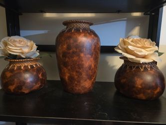 Set of 3 Brown Decorative Vases with Woven Rim