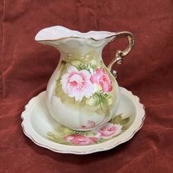 Lefton china green heritage rose hand painted pitcher and bowl # 4578 