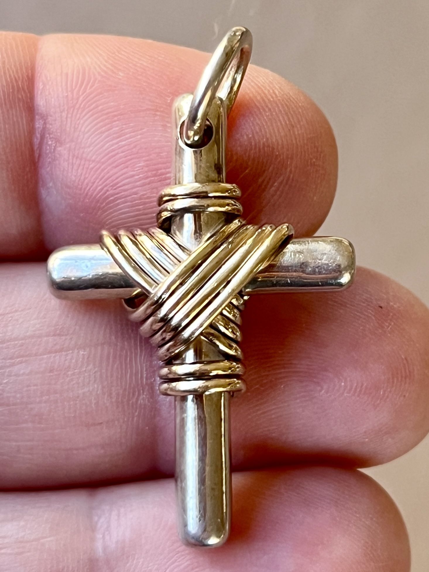 TANE Mexico Solid 925 Sterling Silver Cross Pendant W/ Gold Vermeil Knot 1.5”