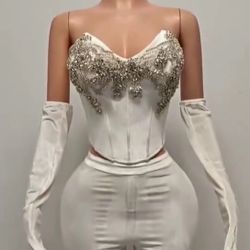 Lavish Silver Satin Outfit W/Gloves & Rhinestones