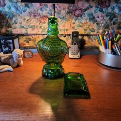 Vintage Green Glass Eagle Decanter W/ Ashtray 