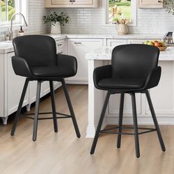 26" Swivel Bar Stools Set of 2, Counter Height Bar Stools with Backrest and Arms, Modern Upholstered Barstools with Metal Legs for Kitchen Island, Bla