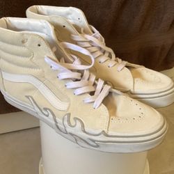 Vans US Men’s Size 10-High Flame Suede White High Top Sneakers-100% Authentic 