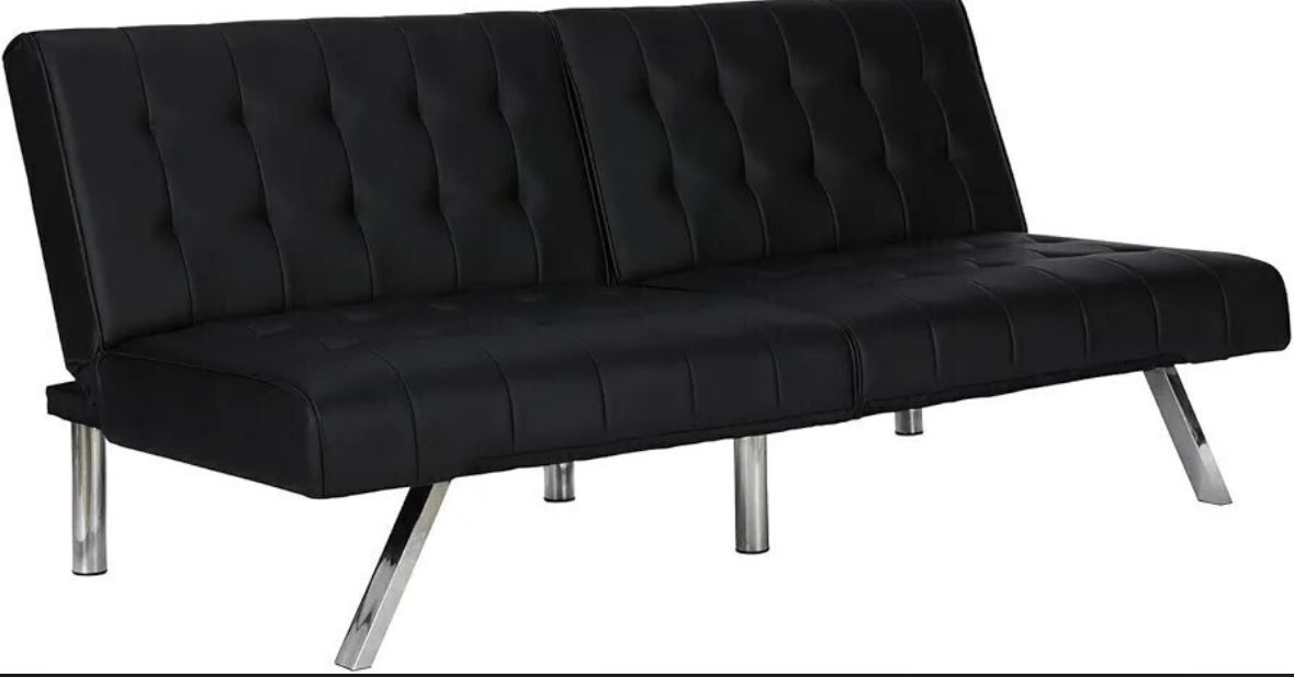 DHP Emily 71 Inch Futon Sofa Bed, Armless Upholstered Couch Sleeper with Tufted Back and Seat, Mid-Century Modern, Black Faux Leather