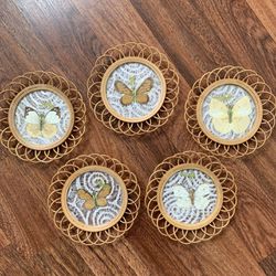Set of 5 Vintage Retro Pressed Butterfly Rattan Coasters