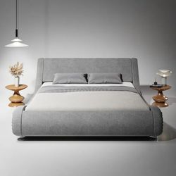 Queen Modern Upholstered Platform Bed – Curved Low Profile Frame – Gray
