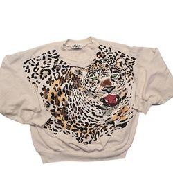 Vintage 90s Rachi Leopard Women's White Sweatshirt