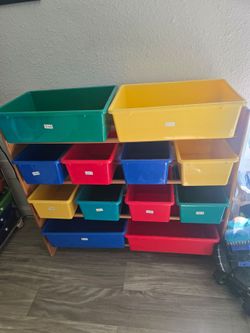 Wood toy rack plastic bins