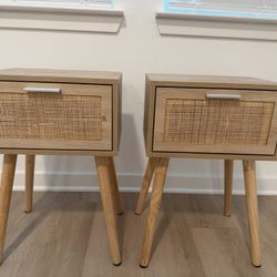 Set of 2 Boho Rattan Nightstands – Wood Finish