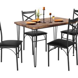 VECELO 5-Piece Set for Home Kitchen Breakfast Nook, with 4 Chairs, Black, Dining Table for 4, Retro Brown