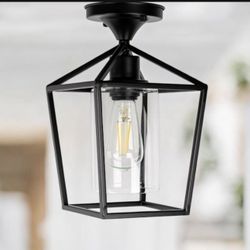 1-Light Black Semi Flush Mount Ceiling Light Farmhouse Retro Cage 