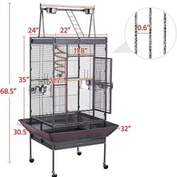  69-inch Wrought Iron Rolling Large Parrot Bird Cage for African Grey Small Quaker Amazon Parrot Cockatiel Sun Parakeet Green Cheek Conure Dove Lovebi
