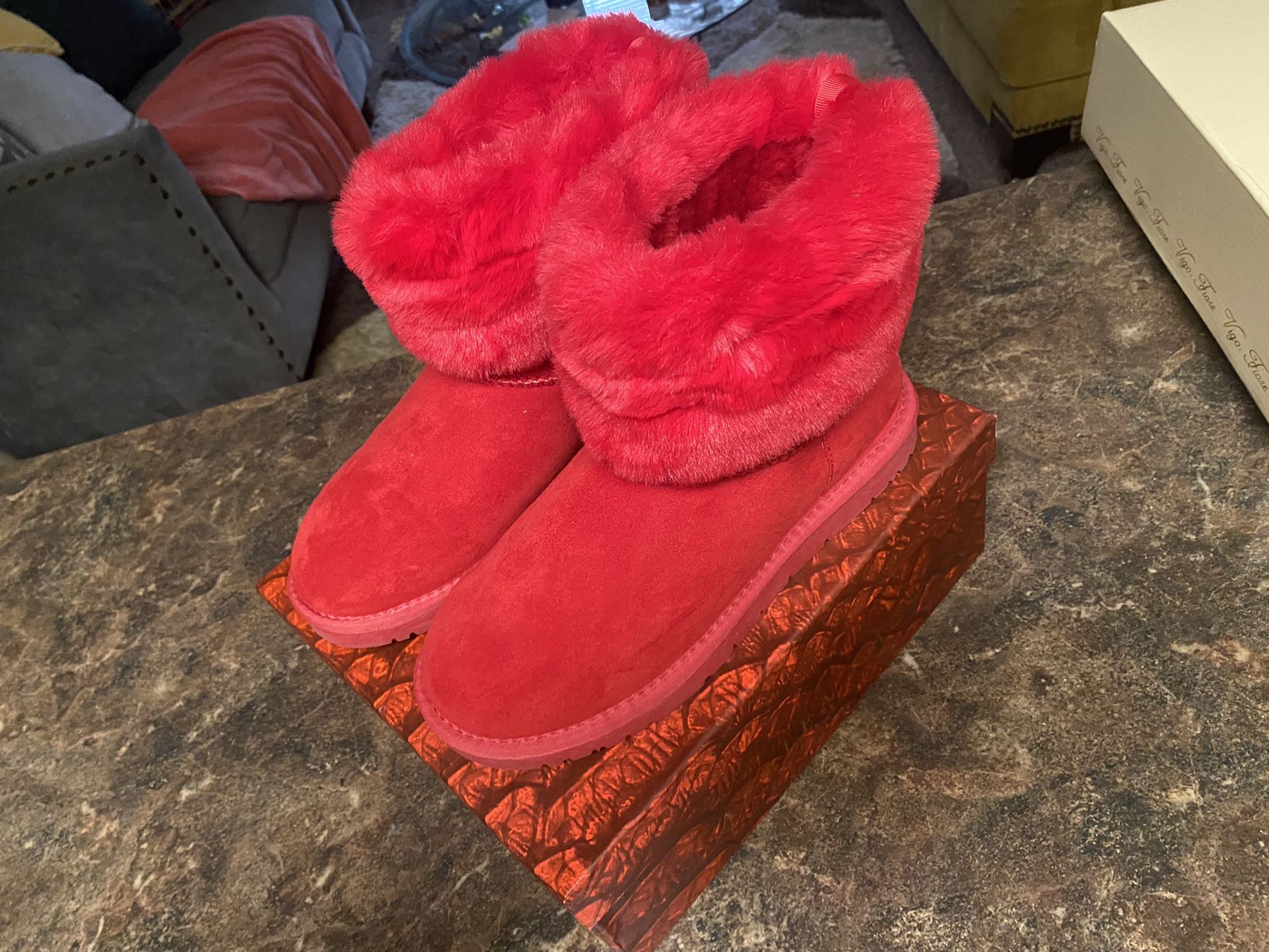 Red Fluffy Boots Size 9