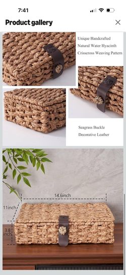 Wicker Storage Basket Decorative Box with Lid, Water Hyacinth Woven Design for Shelf& Coffee Table Large