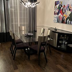 Dining table, 6 chairs, credenza, bar stools