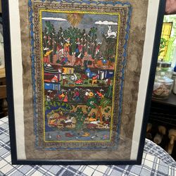 Vintage Mexican Folk Art Bark Painting Framed 