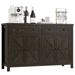 Farmhouse Cabinet with Adjustable Shelf, 4-Doors 2-Drawers Kitchen Buffet Cabinet Wood Sideboard Dark Brown 
