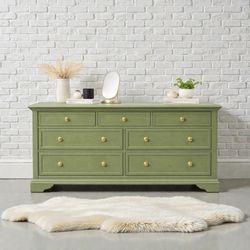 Green Nine-Drawer Dresser with Antique Brass Knobs