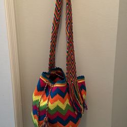 Crochet Bag Bucket Style Crossbody Shoulder Strap Multi-Color Fringes Brazil