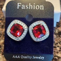 Red & White Stud Halo Earrings/AAA Cubic Zirconia Stones (NWT)
