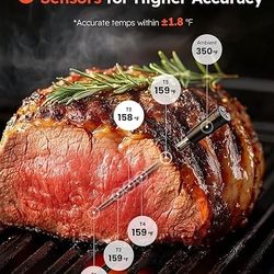 Wireless Meat Thermometer with App Control, 600FT Bluetooth Range, Dual Probes & 6 Sensors, 0.5S Instant Read, LCD Display 
