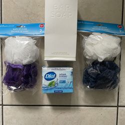 Bath bundle - 1 Kirkland (5 soap bars) pack,  1 Dial (3 soap bars) and 2 bath sponges bundles 