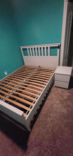 IKEA Queen Bed Frame + 2-Drawer Nightstand – White