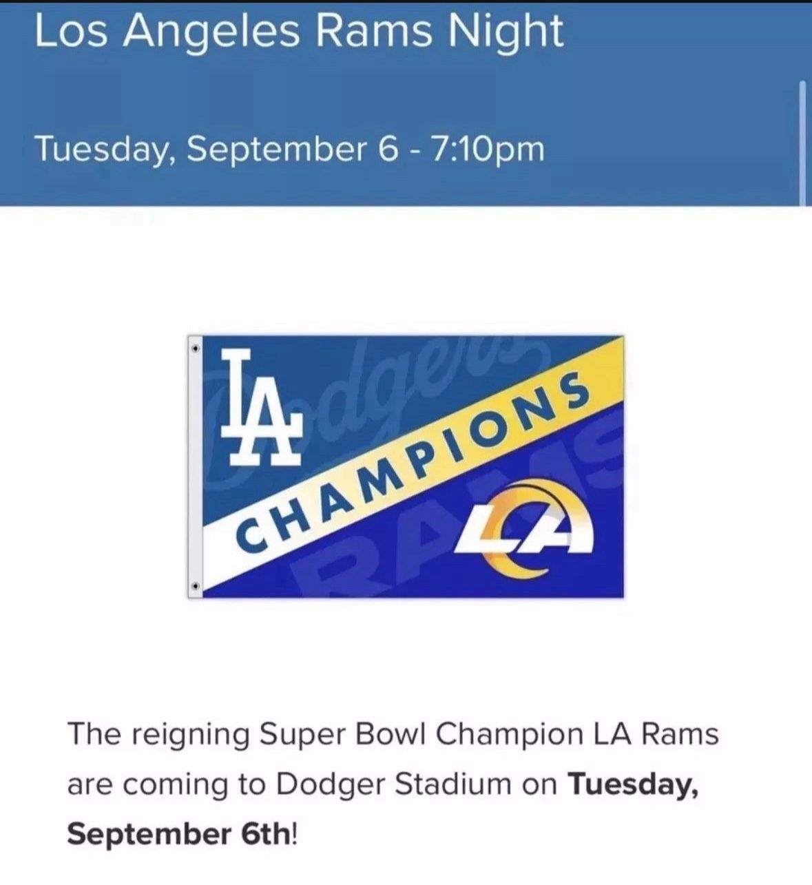 Los Angeles LA Dodgers Rams Flag Banner Los Angeles Rams Night 9/6 π₯π₯