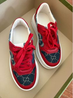 Authentic Gucci GG Denim Low-Top Sneakers – Red/Blue – EU 34