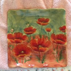 2 Poppy Themed Plates   Glass Has Hand Painted Poppies  8” Diam  Pottery Has Wavy Edges No Issues  11 1/4”  1” Well