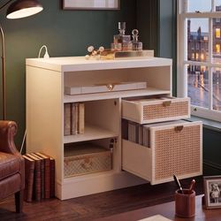 Lateral File Cabinet 2 Drawer, Wood Filing Cabinet for Home Office with Lock, Power Strip & Storage Shelves, Fits Legal/Letter Size, White Rattan