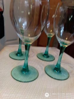 Vintage 1980s Luminarc France Turquoise Aqua Stemmed Wine Glasses
