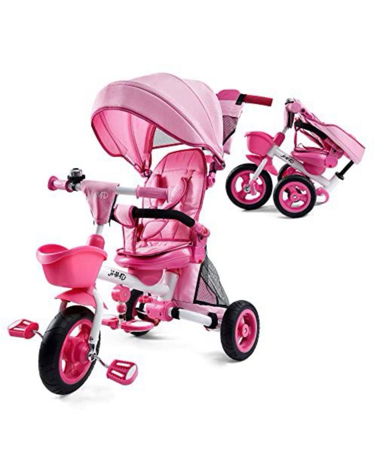 π² For Sale: JMMD 7-in-1 Folding Baby Tricycle β Pink | Ages 18 Months to 5 Years Adjustable Parent Handle β’ Safety Harness β’ Removable Canopy β’ Strol