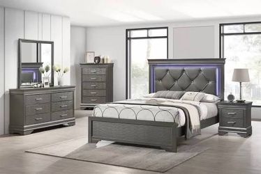 Gray Bedroom Furniture Set with LED Headboard
