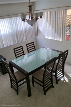 Elegant glass dining room table set with chairs (espresso wood)