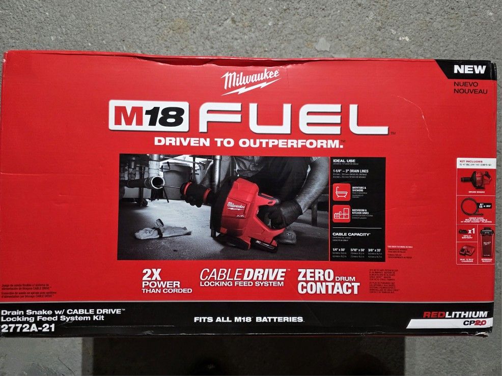 Milwaukee M18 Fuel Drain Snake W Cable Drive 35Ft Kit 