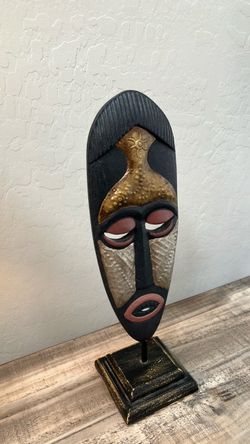 Decorative African-Style Tribal Mask Sculpture on Stand (19" Tall)