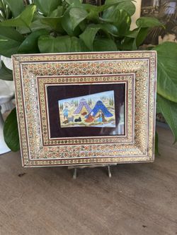 Vtg Country Living By Ferdowsi Khatam Persian Painted Camel Bone Marquetry Frame 1985 Nomadic Scene 