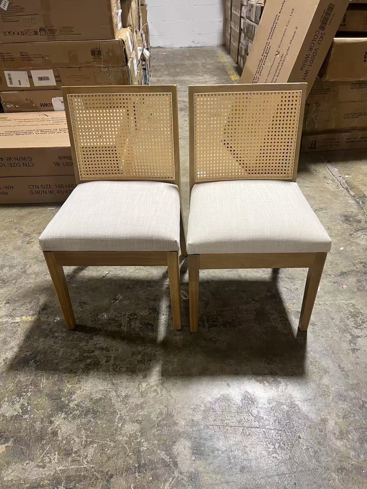 Upholstered Dining Chairs with Square Rattan Back, Cushion Dining Chairs with Wood Legs, Set of 2, Natural Frame