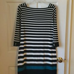 White House Black Market Dress- Black & White Stripe w/ Teal/Torquoise Size:M