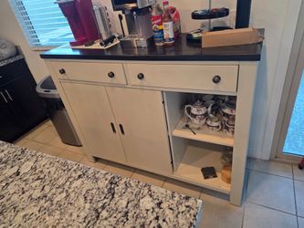 Off-White/Cream Sideboard Cabinet with Dark Wood Countertop