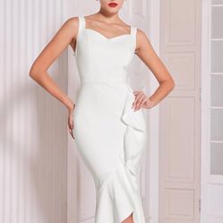 $20 XL White Women’s Elegant Ruffled Wedding Guest MIDI Fishtail Dress