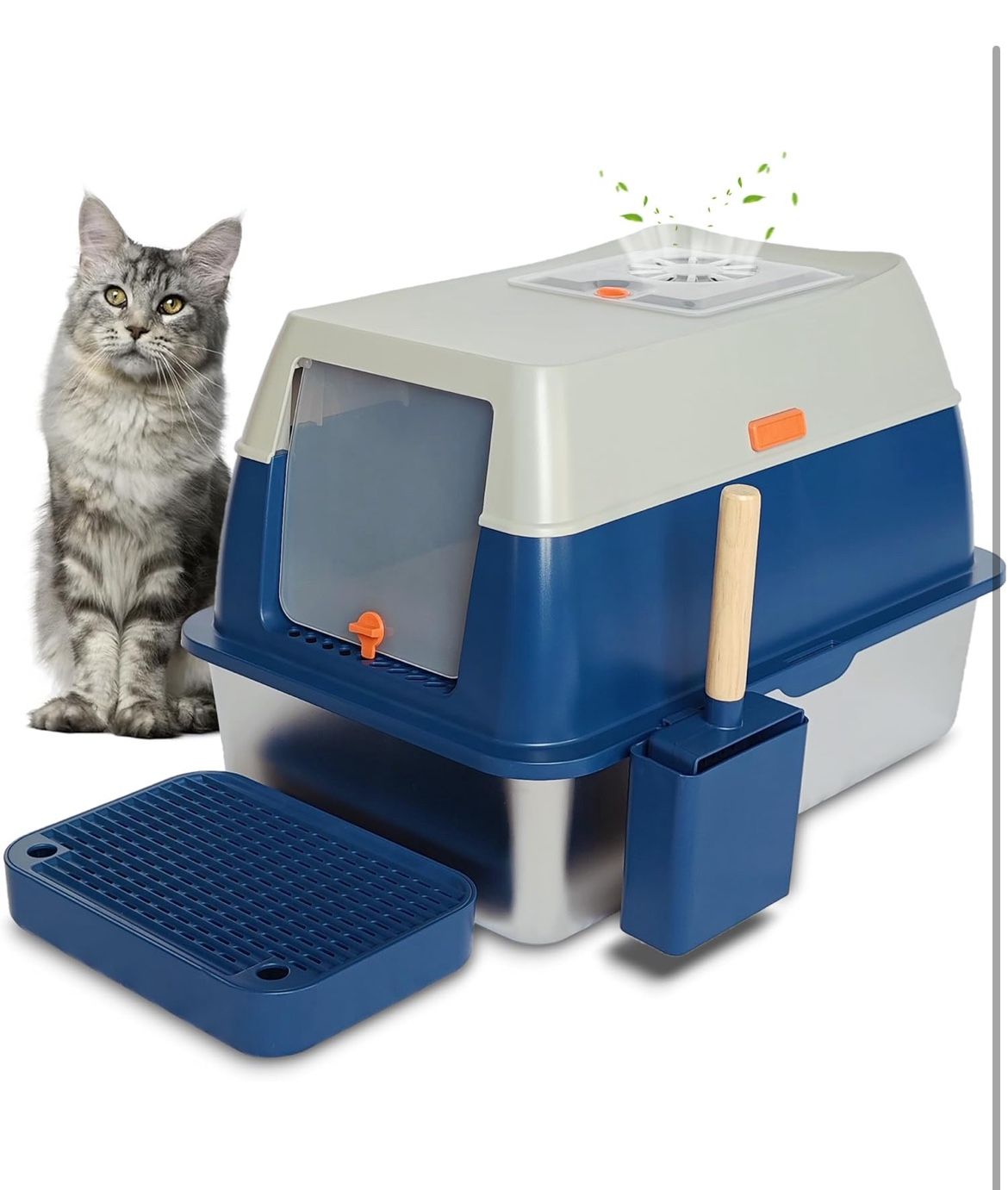 Stainless Steel Enclosed Litter Box with Covered for Indoor Cats, High Sides, Blue, FOXORU