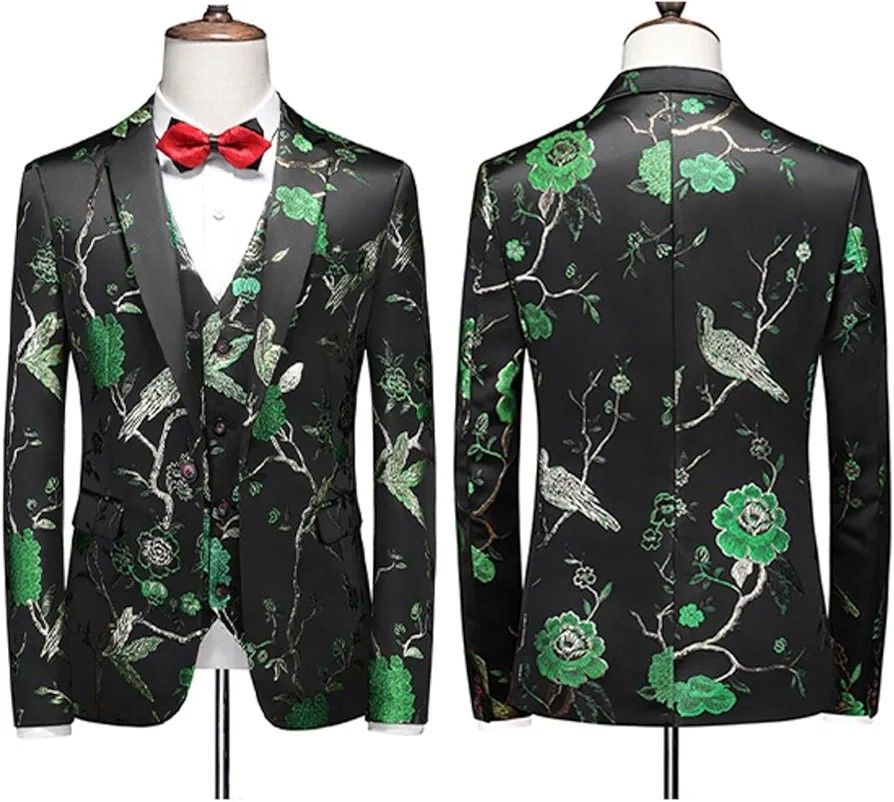 Men's Suits,3 Piece Flower Bird Jacquard Slim Fit Oversized Tuxedo Suit for Wedding Banquet Casual Party Jacket Vest Pants Suit,M, Green