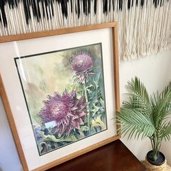 Original Susan Tait Signed Purple Floral Thistle Framed Watercolor Painting
