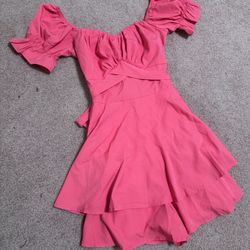 New medium pink ruffle dress romper short poof sleeve boho bow