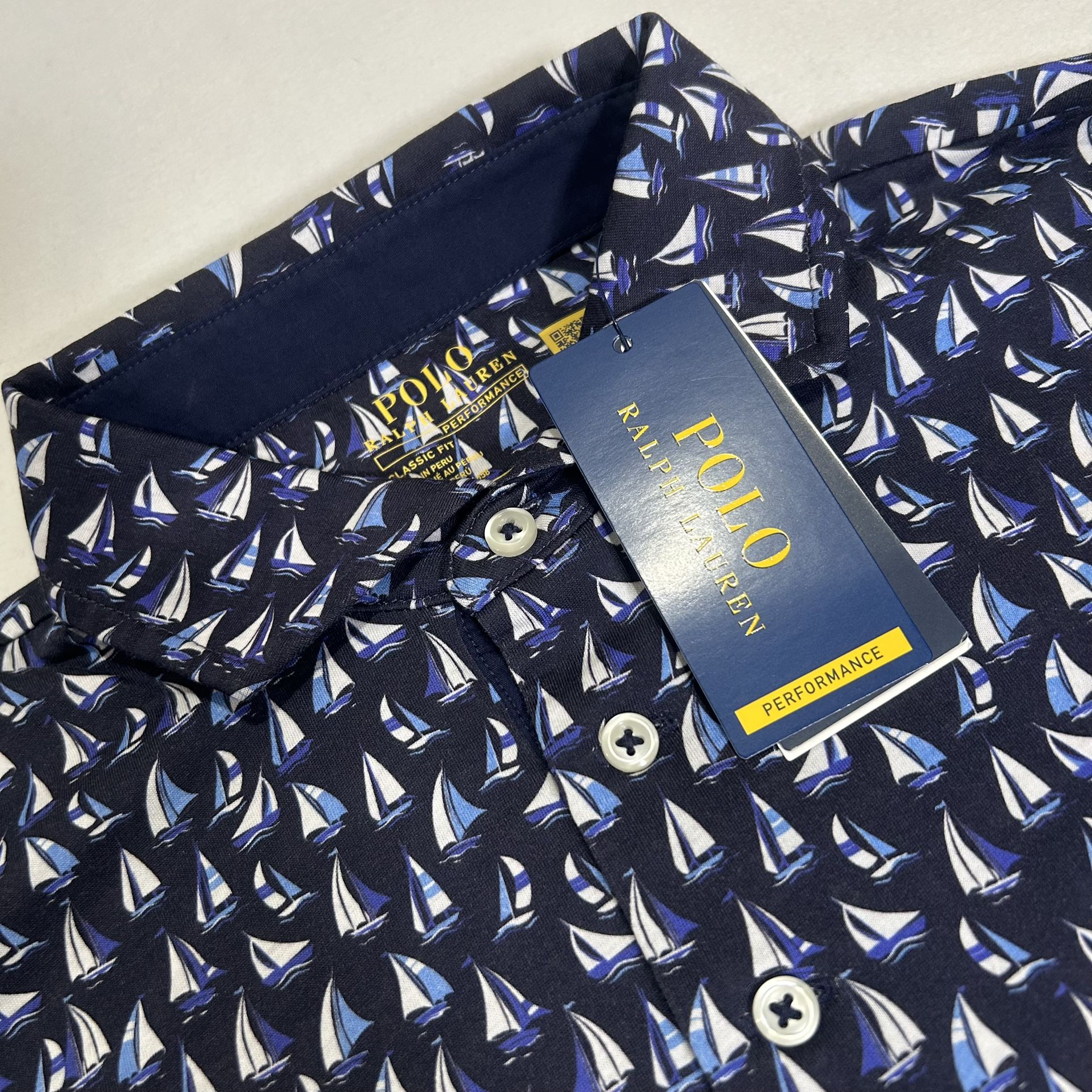 NWT Polo Ralph Lauren Performance Mens Small Blue Sailboat Print Golf Polo Shirt