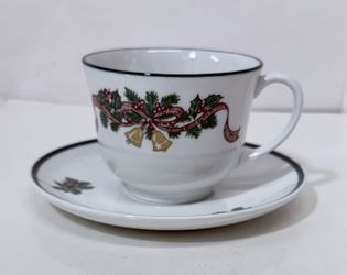 Holly & Bells Christmas CUP & SAUCER England, Johnson Bros HOLIDAY