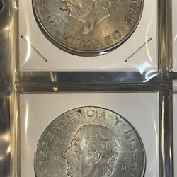 2x 1956 Diez Pesos - 90% Silver Large Coin 