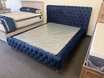 Navy Blue Tufted Velvet Upholstered Bed Frame